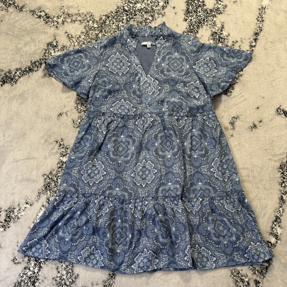 Studio One Womens Size L Blue Medallion Print Tiered V Neck Flutter Sleeve Dress